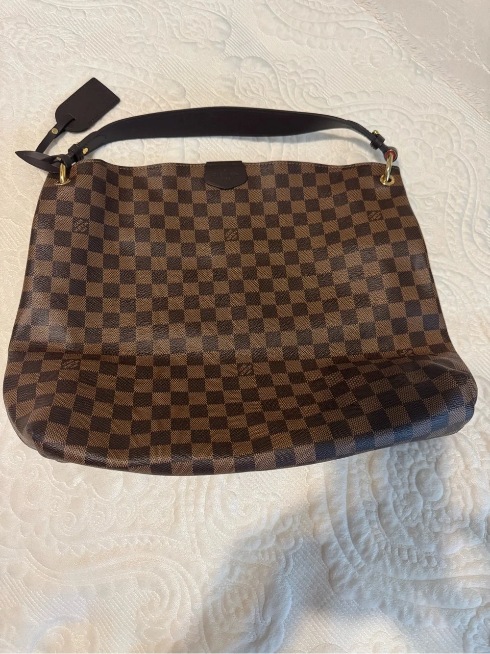 Lovely Louis Vuitton Brown Checkered Shoulder Bag with Dark Brown Strap